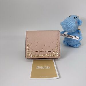 Michael Kors MK Giftables Studed Flap Leather Card Holder Wallet Ballet Pink NWT